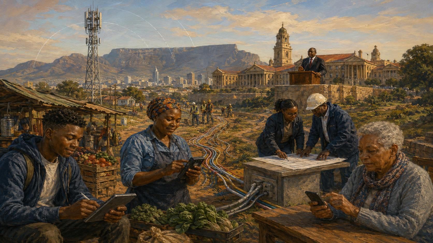 South Africans using connected technology alongside telecommunications infrastructure and national government institutions